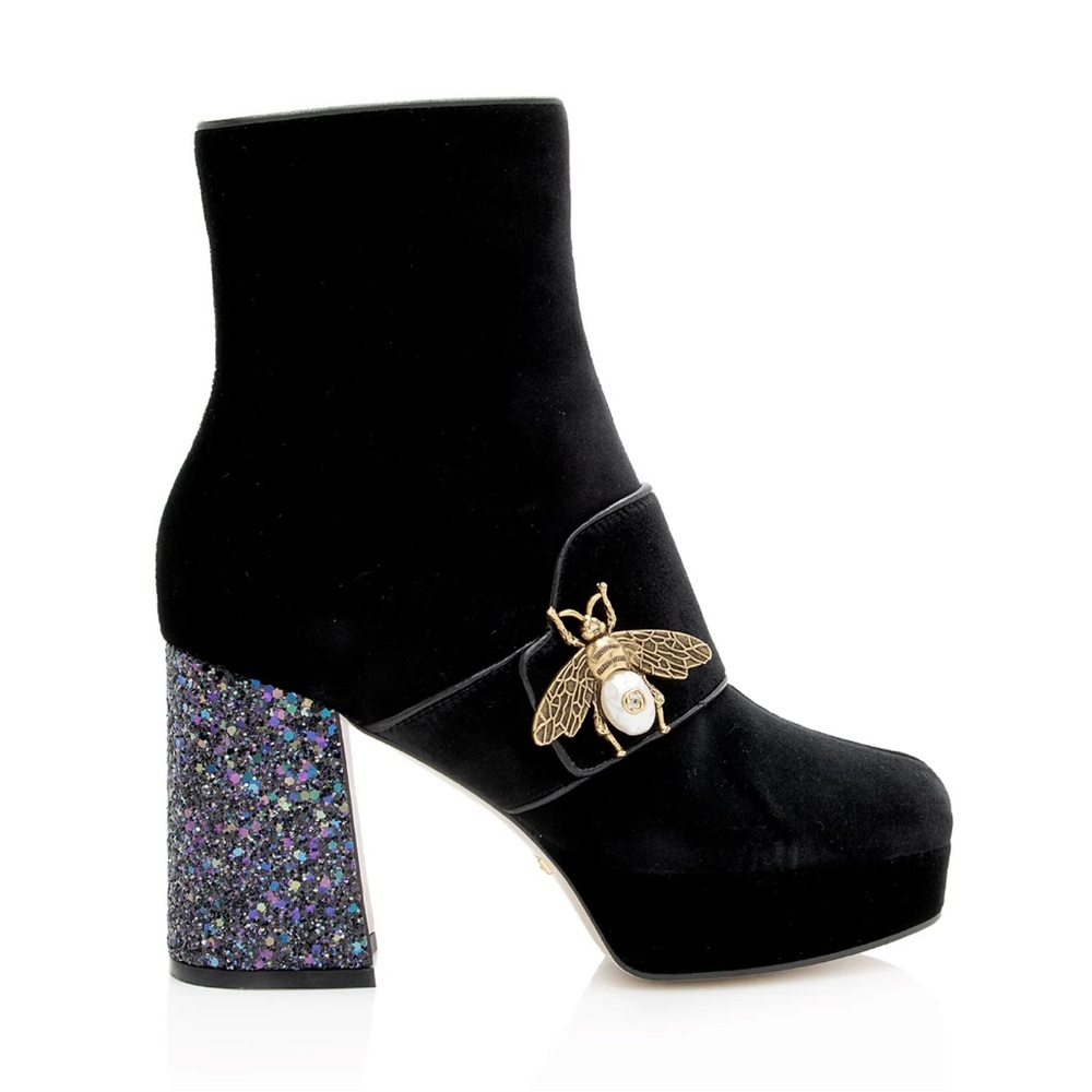 Gucci Black Soko Velvet Suede Bee Glitter Block Heel  Boots Booties size 40/10